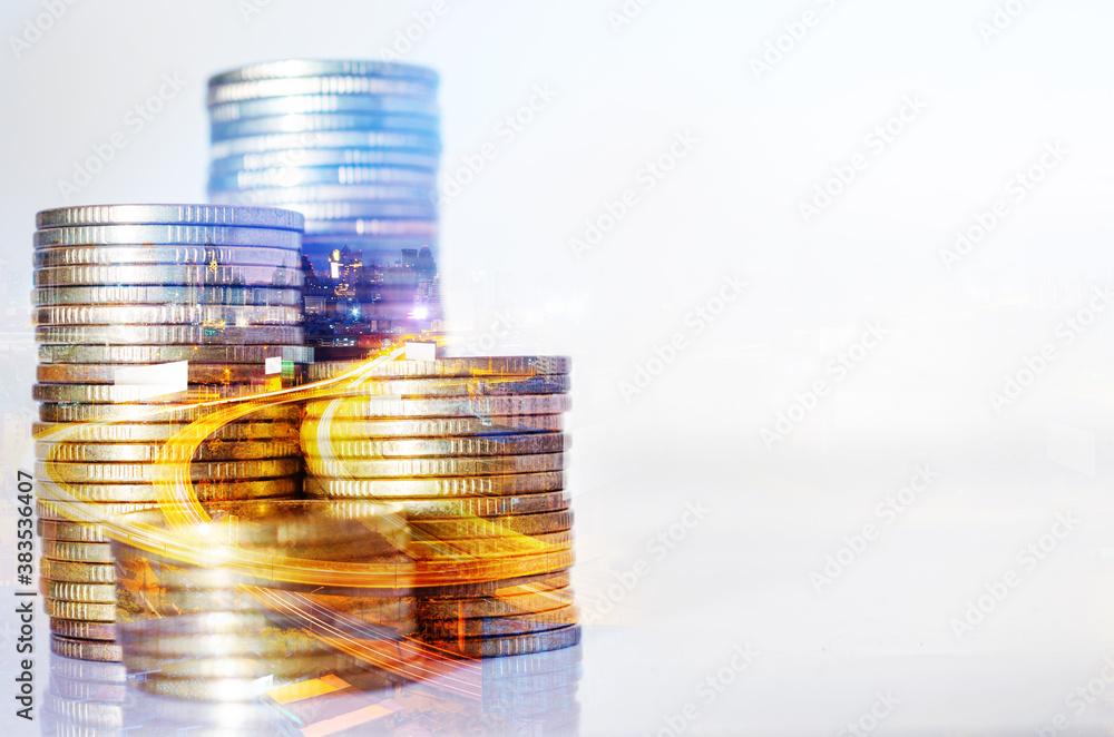 Wall mural double exposure of city background and rows of coins. business financial for investment and banking 