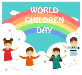 Fototapeta na wymiar Happy Childrens Day with Rainbow Flat design