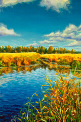 Fototapeta na wymiar Oil acrylic painting warm autumn on river. Orange autumn trees reflected in water modern fine art illustration on canvas