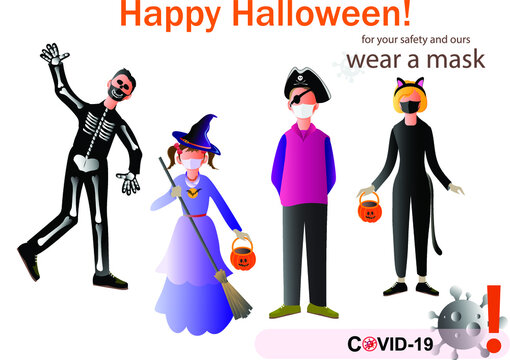 Vector Halloween drawing design with children wearing costumes and protective masks to prevent COVID-19 with warning inscription.
