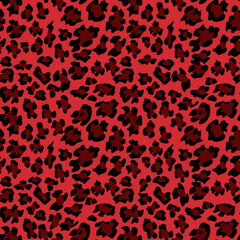 Fototapeta na wymiar Red leopard print background. Animal seamless pattern with hand drawn leopard spots. Red wallpaper. Vector