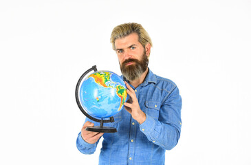 Eco movement. Geography teacher. Earth globe. Pick next destination point. Travel and wanderlust. Bearded man with globe. Ecology problem. Earth day. Global and international concept. Protect Earth