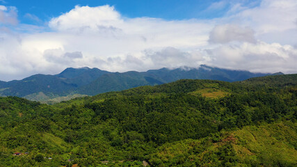 Fototapeta na wymiar Hills and mountains covered with green grass and rainforest against a background of blue sky and clouds. Philippines, Luzon. Summer landscape.