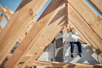 Fototapeta premium Joyous man wearing a hardhat and holding a blueprint
