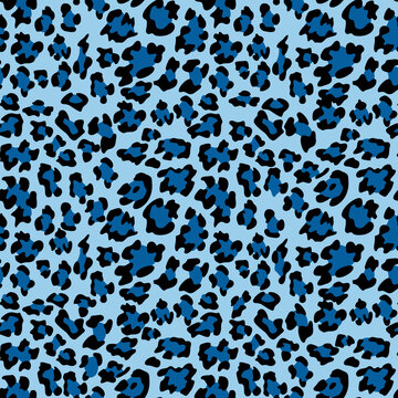Blue leopard print background. Animal seamless pattern with hand drawn leopard spots. Blue wallpaper. Vector