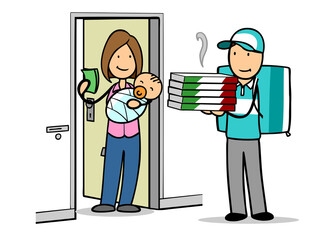 Pizza Lieferant bringt einer Mutter Pizzen vom Lieferdienst zur Wohnungstür