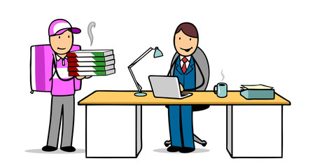 Pizza Lieferant bringt Gesch&auml;ftsmann Pizzen an den Arbeitsplatz