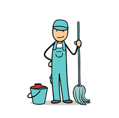Cartoon Reinigungskraft mit Eimer und Mop