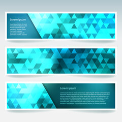 Horizontal banners set with blue polygonal triangles. Polygon background, vector illustration