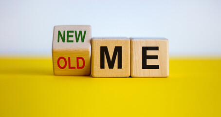 Turned a cube and changed the expression 'old me' to 'new me'. Beautiful yellow table, white...