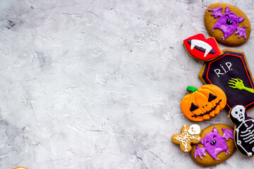 Top view of Halloween gingerbread cookies, copy space