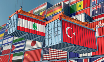 Freight containers with Lebanon and Turkey national flags. 3D Rendering
