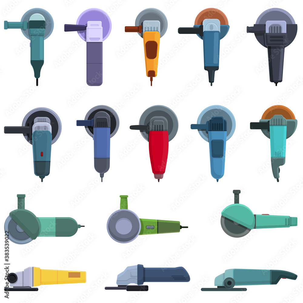 Poster grinding machine icons set. cartoon set of grinding machine vector icons for web design