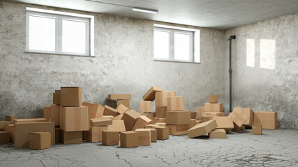 Lots of cardboard boxes mixed up in the basement or storage room