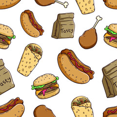 junk food seamless pattern with colored hand draw style