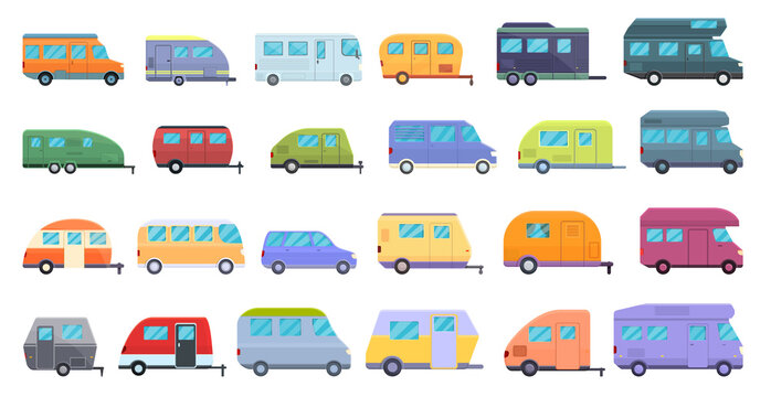 Auto camping icons set. Cartoon set of auto camping vector icons for web design