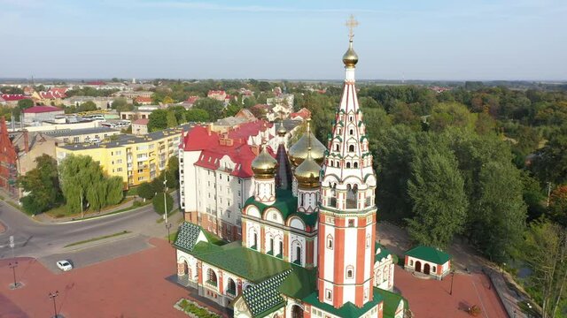 Aerial view of the Memorial Church in honor of All Saints in Gusev, Russia