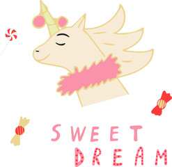 Cute christmas unicorn with candies. Greeting card for Christmas or New Year. Vector illustration