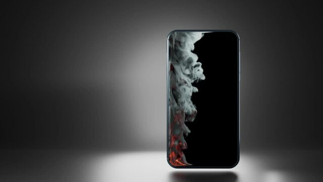Presentation or ad of smartphone gently blue with camera and touch screen on graphite gradient background.Cell phone is duplicated.Screen saver on display as flaming fire with gray smoke. 3d rendering