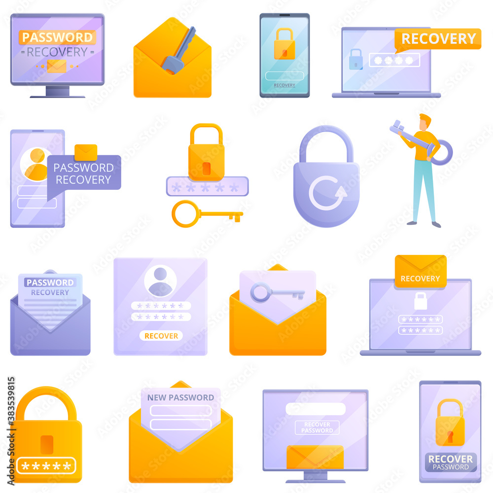 Poster password recovery icons set. cartoon set of password recovery vector icons for web design