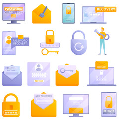 Password recovery icons set. Cartoon set of password recovery vector icons for web design