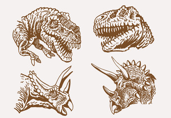 Vector vintage set of dinosaurs' portraits , tyrannosaurus and triceratops