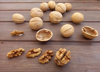 brown walnuts on a wooden table food