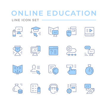 Set color line icons of online education