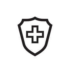 Shield protection medical cross black icon design. Medicine health care sign. Vector illustration. 