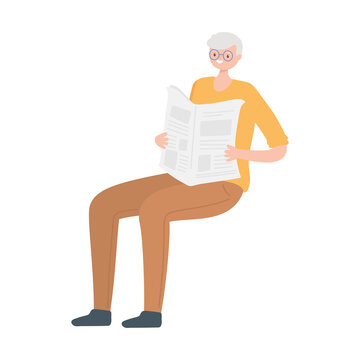 old man character reading newspaper isolated design white background