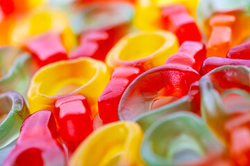 Detailed macro photo of many jelly candies in a bright setting. Selective focus, shallow depth of...