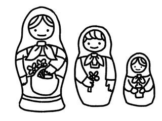 かわいらしいマトリョーシカの手描きイラスト(線画のみ)