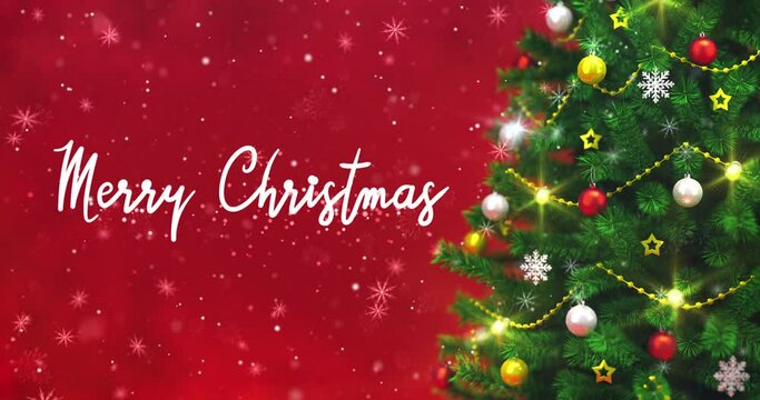 Decorated Christmas tree on the right side with handwritten Merry Christmas text. Winter snowfall and red festive background. Christian holiday scene as 4k video loop.