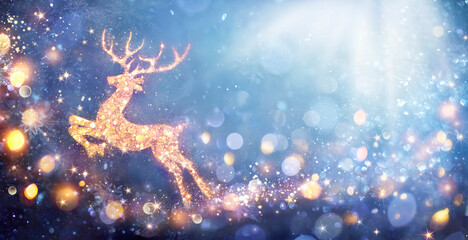 Obraz na płótnie Canvas Christmas Card - Shiny Reindeer In Defocused Glittering Background - Contain 3d Illustrations