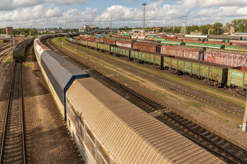 Fototapeta na wymiar Railway interchanges with freight cars.