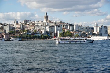 Istanbul, Turkey - August, 2020: Panorama of Istanbul from the side of Bosporus Strait. Magnificent Istanbul city, historical peninsula , Fatih mosque , Sultan Ahmed mosque, Suleymaniye Mosque