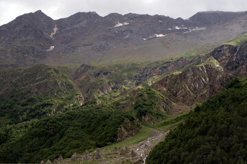 Naklejka premium Avalanche barriers on a mountain slope. Caucasus, Russia.