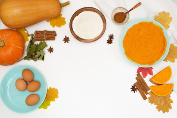 step-by-step recipe for cooking homemade pumpkin pie with spices ingredients on plates top view on a light background.