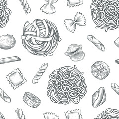 Various pasta seamless pattern. Engraved style illustration. Different kind of classic pasta. Vector illustration