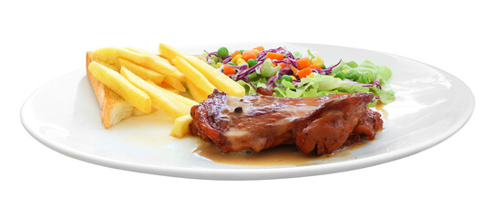 Chicken steak and french fried plate on white background.