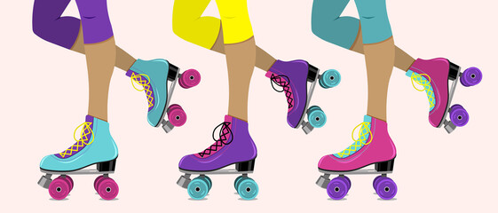 Vector illustration with female legs in retro roller skates on pink  background.