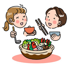 ちゃんこ鍋を食べて団欒する仲の良い夫婦のイラスト