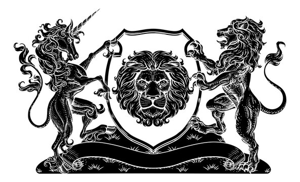 A crest coat of arms family shield seal featuring lions and unicorn horse with horn
