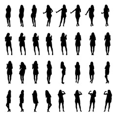 Silhouettes collection of woman with many different gestures, hitchhiking or counting with fingers. Full body layered vector illustration.