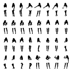 Set of detailed silhouettes of young woman in bath towel doing different gestures like hitchhiking or finger counting and flexing muscles. Full body layered vector illustration.