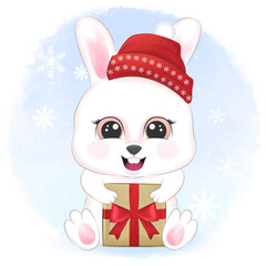 Rabbit with gift box in winter and Christmas illustration.
