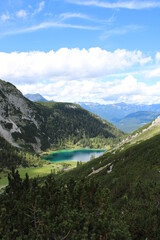Turquoise shining Seebensee in the Austrian Alps close to Ehrwald in Tyrol 