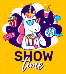 Vector illustration of magic unicorn in cinema glasses with icon. Horse with horn eating popcorn and watching tv on yellow background with text.