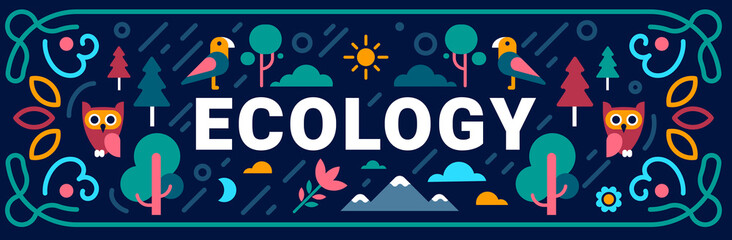 Vector geometrical illustration of ecology of nature with bird, tree, word on dark background.