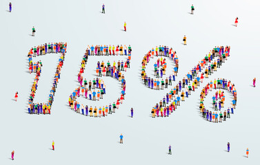 Number 15 Percent. Large group of people form to create a shape 15%. Special Offer Sale Design. Vector Illustration of advertising banner.